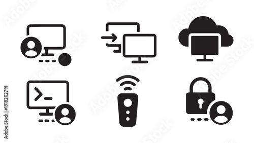 Set of computer icons representing remote access, cloud computing, and security features