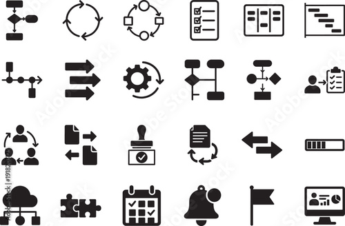 Workflow related icon set. Editable vector EPS for process, automation and business flow UI.