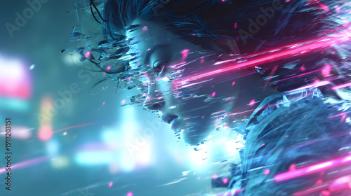 anime-style female character in a cyberpunk world, body partially glitching and dissolving into digital fragments, glowing neon-blue and magenta lines running through her skin like rewritten DNA,