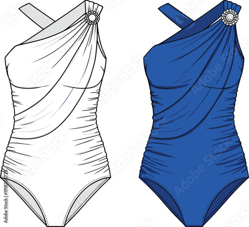 Technical fashion sketch showing one shoulder swimsuit designs with draped wrap front crisscross bodice and decorative brooch detail for apparel design templates