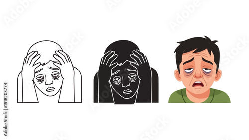 Set of three illustrations showing a man suffering from severe fatigue, exhaustion, stress, and lack of sleep, depicted in outline, silhouette and full color styles