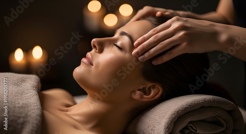 Wallpaper Mural Young Woman Relaxing During Professional Facial and Head Massage | Luxury Spa Treatment for Mental Wellness and Stress Relief | Holistic Beauty Therapy with Warm Candlelight Atmosphere Torontodigital.ca