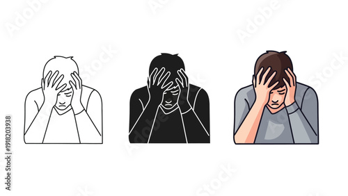 Man holding head in hands showing stress, depression, anxiety, headache, or despair in outline, silhouette and color illustration styles
