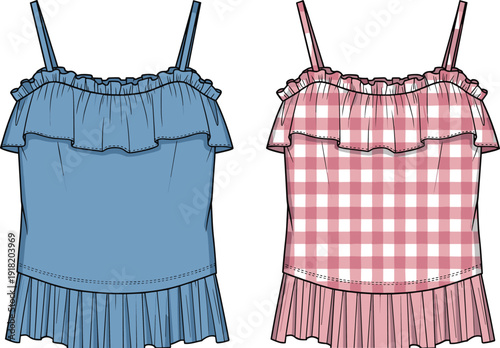 Trendy ruffled camisole top technical sketch featuring blue solid and pink gingham patterns with spaghetti straps and peplum hem for fashion design apparel