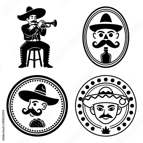 Cinco de Mayo Icon Bundle with Mariachi Trumpeter Tequila Bottle and Taco Badge