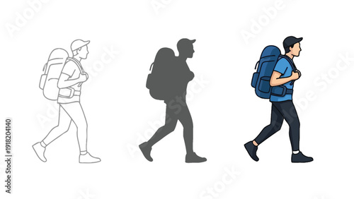 Hiker with large backpack walking, shown in three styles outline, silhouette and full color illustration