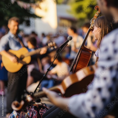 A folk band plays acoustic instruments including a cello and guitar at a summer outdoor concert as a crowd enjoys the music and warm weather evening.
