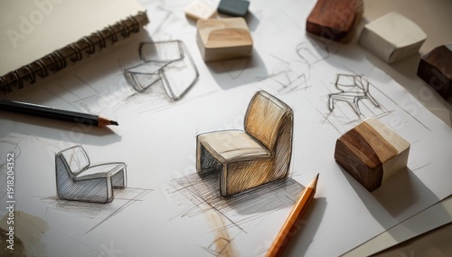 Design process depicted with sketches, wood samples, and a chair rendering