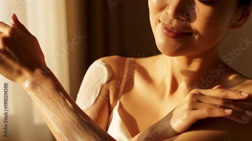 Woman applies moisturizer to her arm and shoulder. Soft sunlight illuminates her healthy, glowing skin. Daily self-care beauty routine.