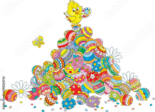 Happy little chick painter with a small brush and palette on a pile of colorfully decorated Easter eggs, vector cartoon illustration on a white background