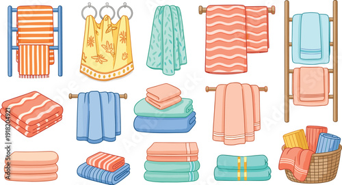 Colorful towel set with folded bathroom textiles hanging linens and laundry basket for spa home and hotel designs.