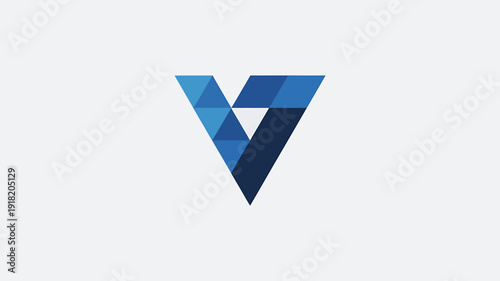 Geometric letter V made of blue triangles  modern design element