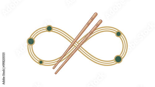 Golden infinity symbol with green dots and wooden chopsticks on white background