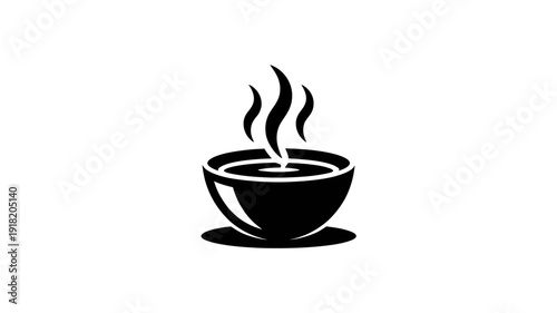 Simple black silhouette of a steaming hot coffee cup on white
