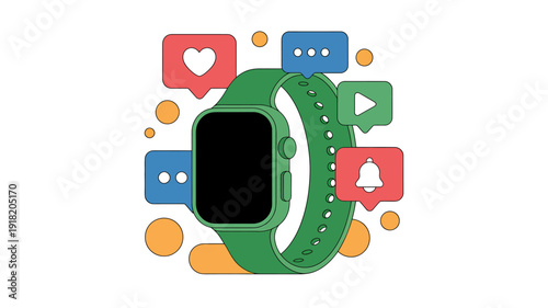 Green smartwatch with social media notifications icons and orange bubbles around it