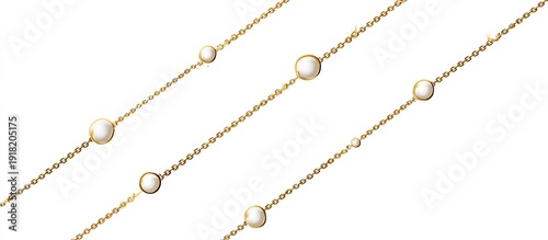Diagonal gold chains adorned with pearls on a white background