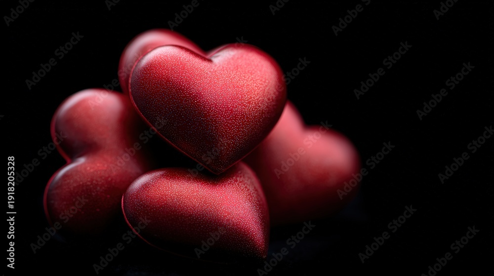 Fototapeta premium A collection of polished red hearts stacked against a dark background, perfect for themes of love, romance, or affection in promotional materials, greeting cards, and decorations,
