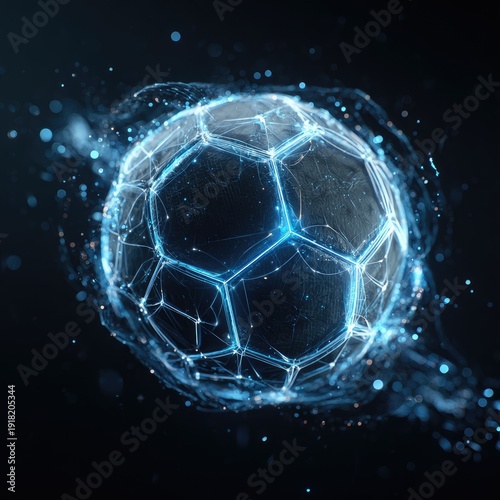Digital football glows with neon-like geometric energy against black backdrop