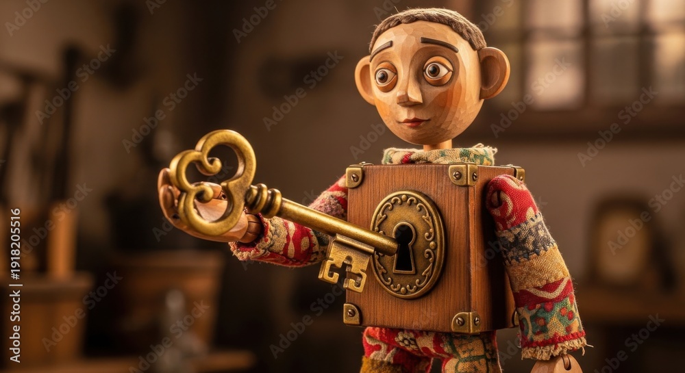 Obraz premium Pinocchio puppet unlocking a golden heart shaped key