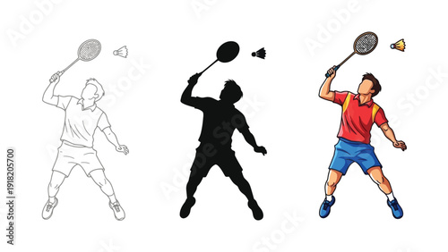 A dynamic badminton player illustration showing powerful smash movement in outline, silhouette and color versions