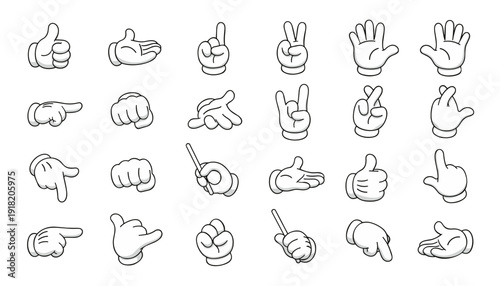 Cartoon White Glove Hand Gestures Set Vector Illustration. Pointing, thumbs up, thumbs down, peace sign, OK sign, rock sign, counting, and expressive poses.