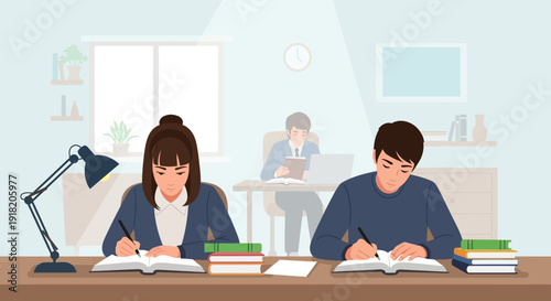 Students studying at desk with books and lamp for education vector illustration