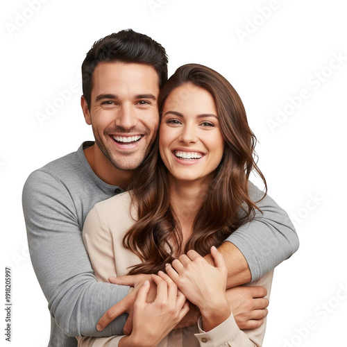 Happy couple embracing and smiling at the camera isolated on transparent background