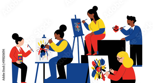 Diverse group of artists painting together in creative studio