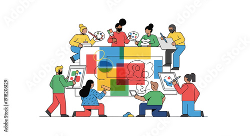 Diverse team of artists collaborating on creative project together