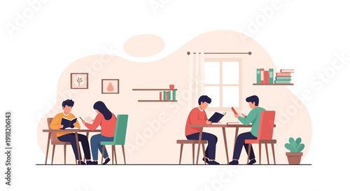 People reading books at tables indoors flat vector illustration concept