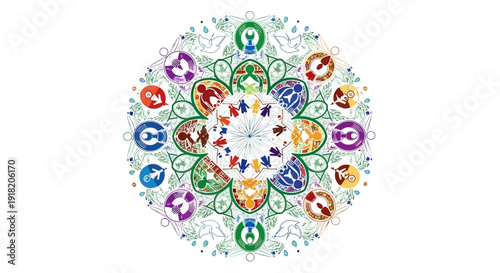 Vibrant circular illustration of people, nature and travel icons