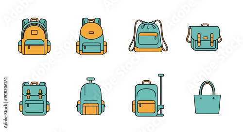 Collection of colorful backpacks and bags in flat vector style isolated on white