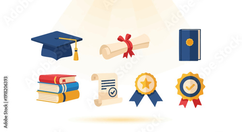 Education icons set graduation cap diploma books awards on white
