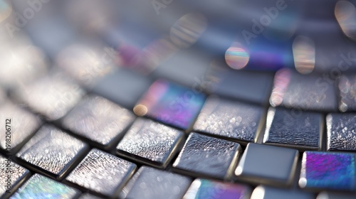 Shiny metallic mosaic tiles creating textured background with bokeh effect