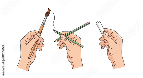 Hands holding art tools paintbrush pencils and chalk on white background