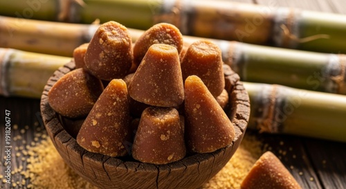 Organic Piloncillo Sugar Cones in Wooden Bowl with Sugarcane Stalks