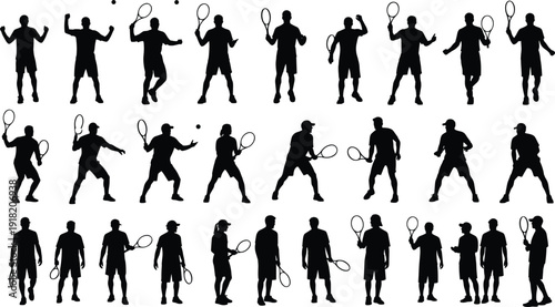 Set of Tennis Player Silhouettes Featuring Men and Women Serving Hitting Forehands and Backhands for Sports and Fitness Design Projects