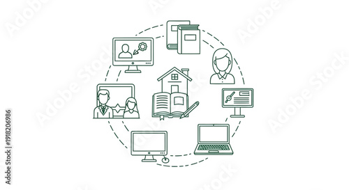 Online education concept illustration with computers books house and people