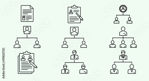 Hierarchical organization charts and diagrams in a set of outline vector graphics