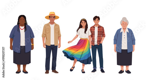 A vibrant illustration featuring a diverse group of individuals including a plus-size woman, a man, a girl in a colorful rainbow skirt, a boy, and an elderly woman.