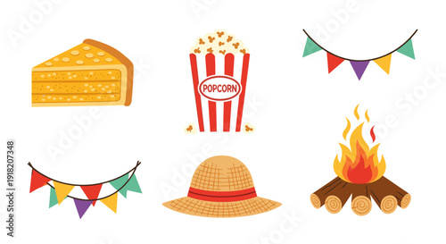 A delightful array of Festa Junina celebration elements including a slice of cheese cake, popcorn, festive bunting banners, a straw hat, and a warm bonfire.
