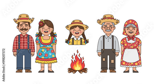 A charming multi-generational family portrait dressed in traditional Festa Junina attire, complemented by a festive bonfire.