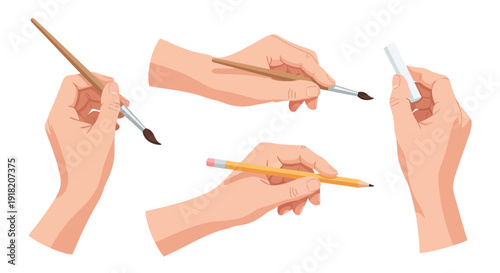 Hands holding art supplies paintbrush pencil chalk for creative concepts