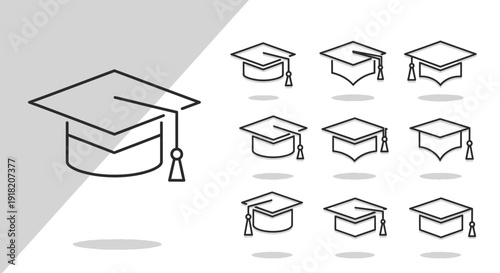 Minimalist graduation caps icons set for education and academic achievement