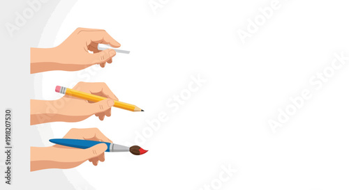 Hands holding drawing tools pencil brush and chalk on white background