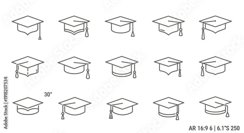 Minimalist graduation caps icons set for education and ceremony concepts