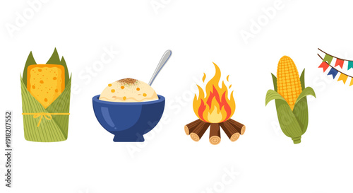 Traditional Festa Junina treats and a cheerful bonfire are prominently featured, including wrapped pamonha, a bowl of rice pudding, and an ear of corn.