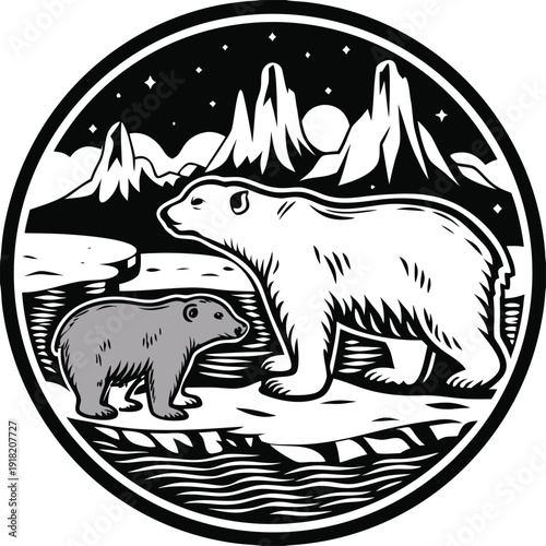 Vector illustration of polar bear and cub in landscape