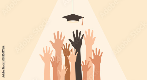Diverse hands reaching toward graduation cap under spotlight