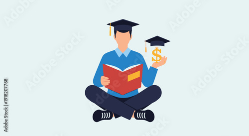 Student reading and considering education costs financial planning concept